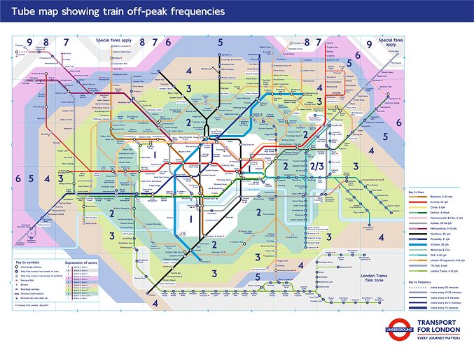 Tube map showing train off-peak frequencies