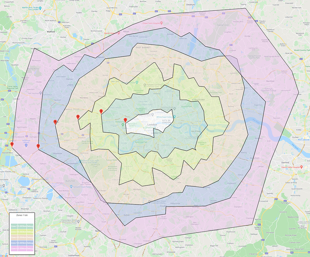 An event Eve cache London Transport Zones drawn by using ConcaveHull method on Google Map -  Show TfL - TfL Tech Forum