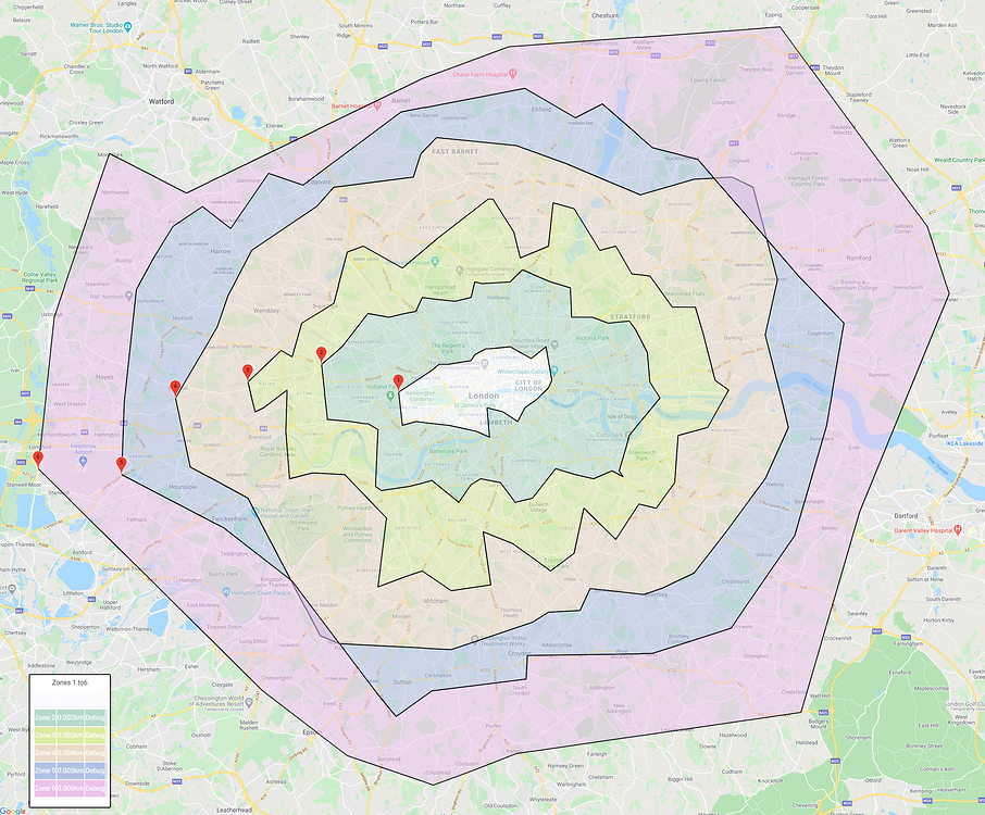 London Transport Zones drawn by using ConcaveHull method on Google Map ...