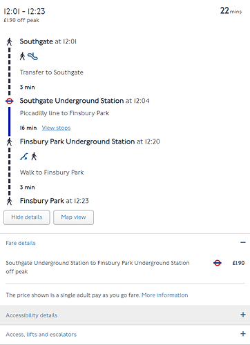 Journey Planner result for Southgate to Finsbury Park, showing a £1.90 off peak fare