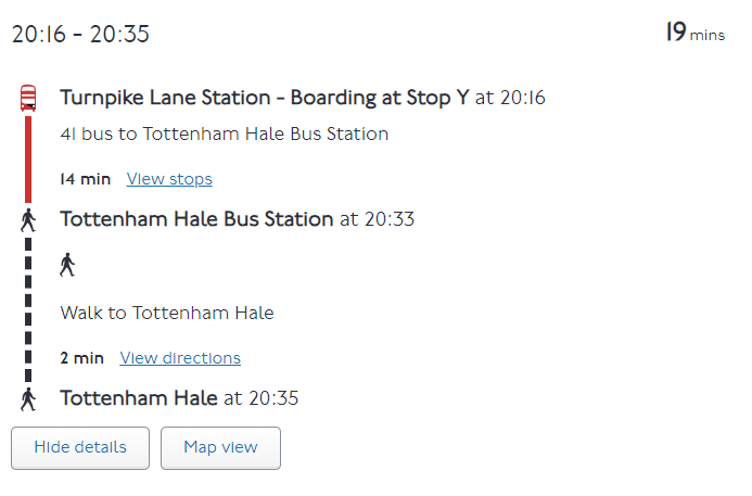 A journey involving a bus journey from Turnpike Lane Station to Tottenham Hale Bus Station, then a walk to Tottenham Hale, lasting 19 minutes